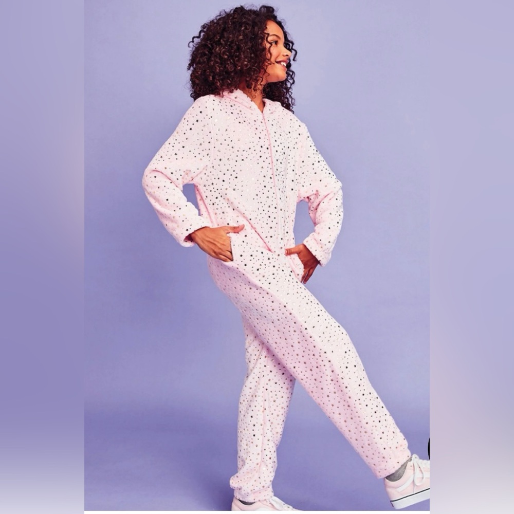 Iscream Gold Star Pink Hooded Fuzzy Onsie Pajama - Girl Size Small (6-8)
